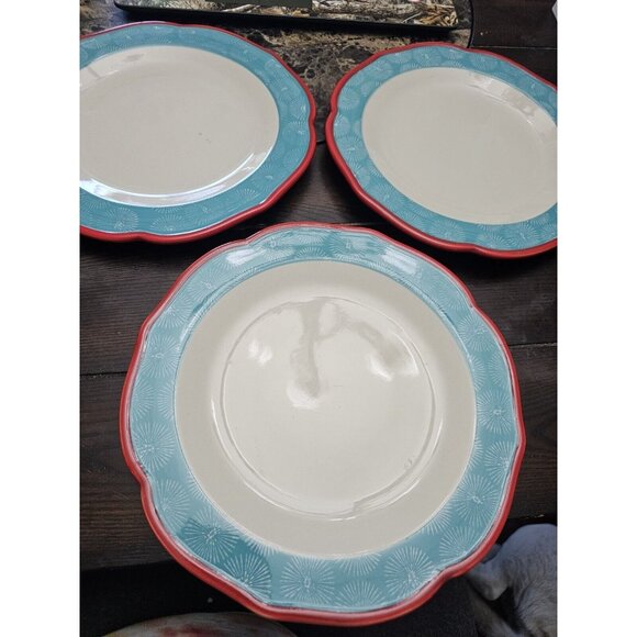 The Pioneer Woman Happiness 10.5" Scalloped Dinner Plates Set Of 3 Red Blue - Picture 1 of 4